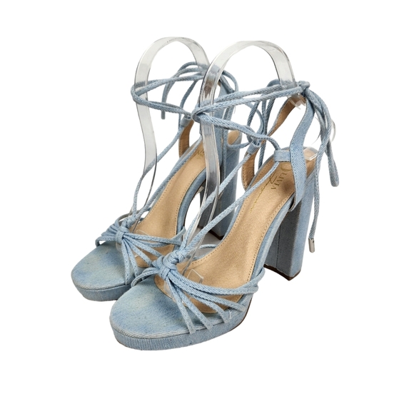Olivia Ferragamo Hoover Blue Denim Fabric Lace Up Block Heels Women's Size 6.5 - Picture 2 of 13